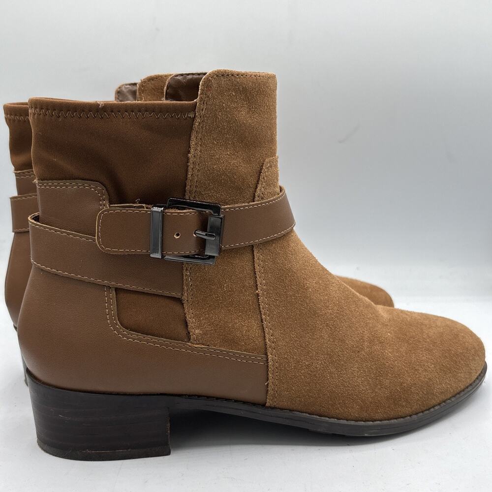 Isaac Mizrahi Live Women’s Brown Suede Side‑Zip Buckle Ankle Booties US 8.5 W